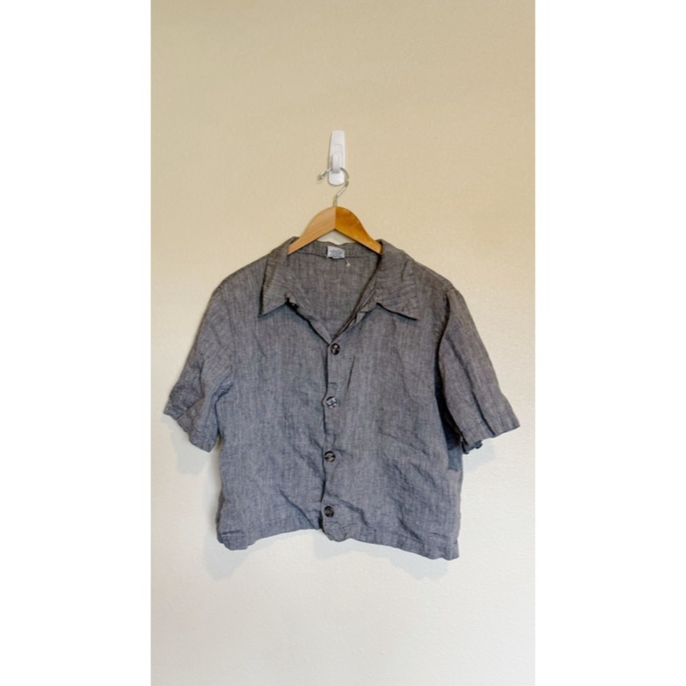 CP Shades Charcoal Gray Linen Button Front Cropped Short Sleeve S